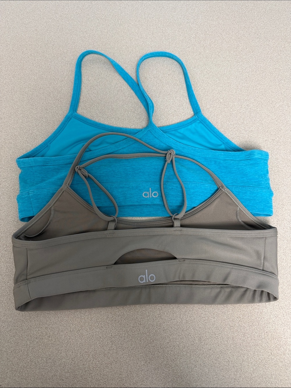 ALO Yoga Strappy Sports Bras in Bright Teal & Olive Gray